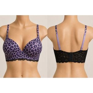 Rhonda Shear Large Molded Cup Wireless Lace Back Purple Leopard Bra NWOT